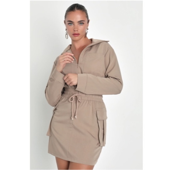 Lulus Versatile Energy Khaki Mock Neck Long Sleeve Utility Mini Dress Brown S - Picture 2 of 8